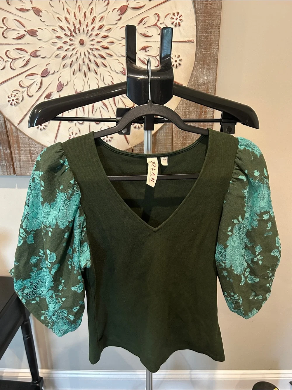 Anthropologie Dark Green Top with Teal Lace Puff Sleeves - Picture 1 of 2